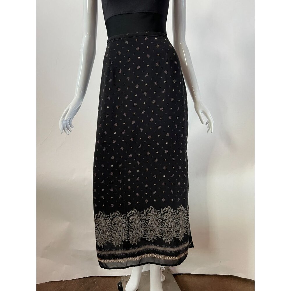 Vintage Black Midi Skirt sz 10  With Paisley & Floral Print Side Slit Button Clo